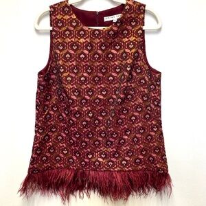 Trina Turk Ena Sleeveless Feather Fringe Blouse 8 Pink Burgundy